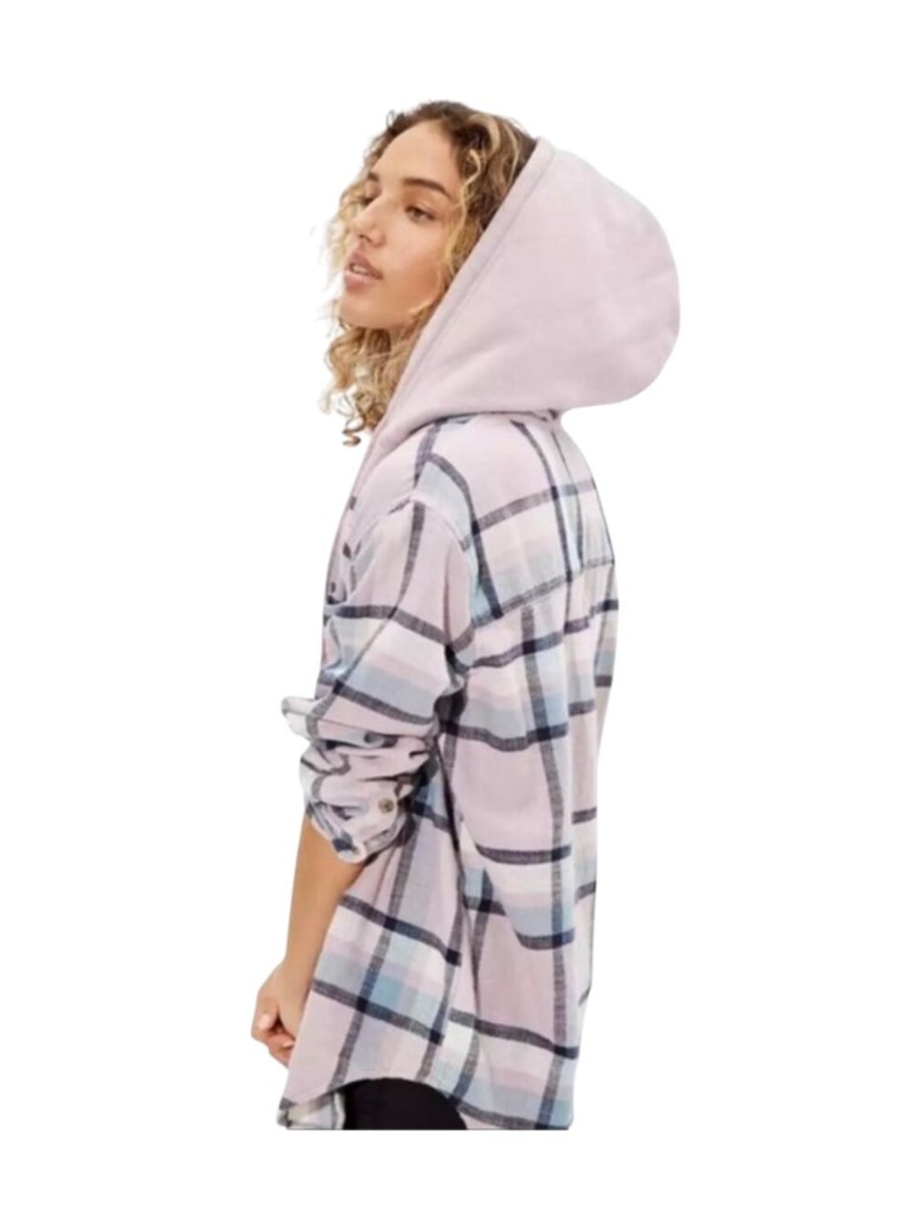 AMERICAN EAGLE Pastel Plaid Flannel Button-Up Hooded Shirt - Size XS